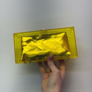 Yellow Lucite Box Clutch w Gold Metallic Pouch Acrylic Evening Bag Y2K